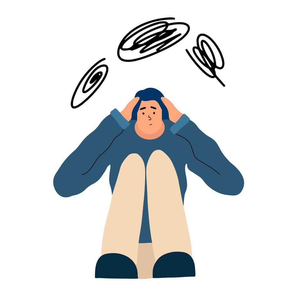 The girl suffers from obsessive compulsive disorder. Dizziness. Anxiety in humans. Vector illustration in flat style