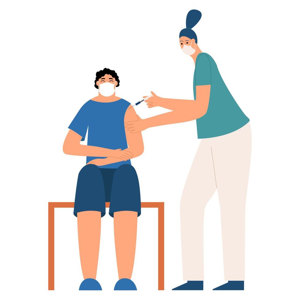 A nurse administers a coronavirus vaccine to a teenager. Vector illustration in flat style