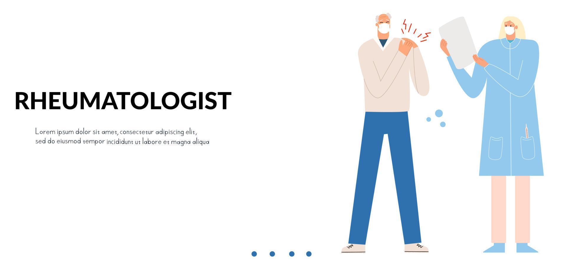 Landing page with an elderly man with a sore shoulder joint and a woman doctor in a medical mask. Clinic banner. Online consultation. Vector illustration in flat style