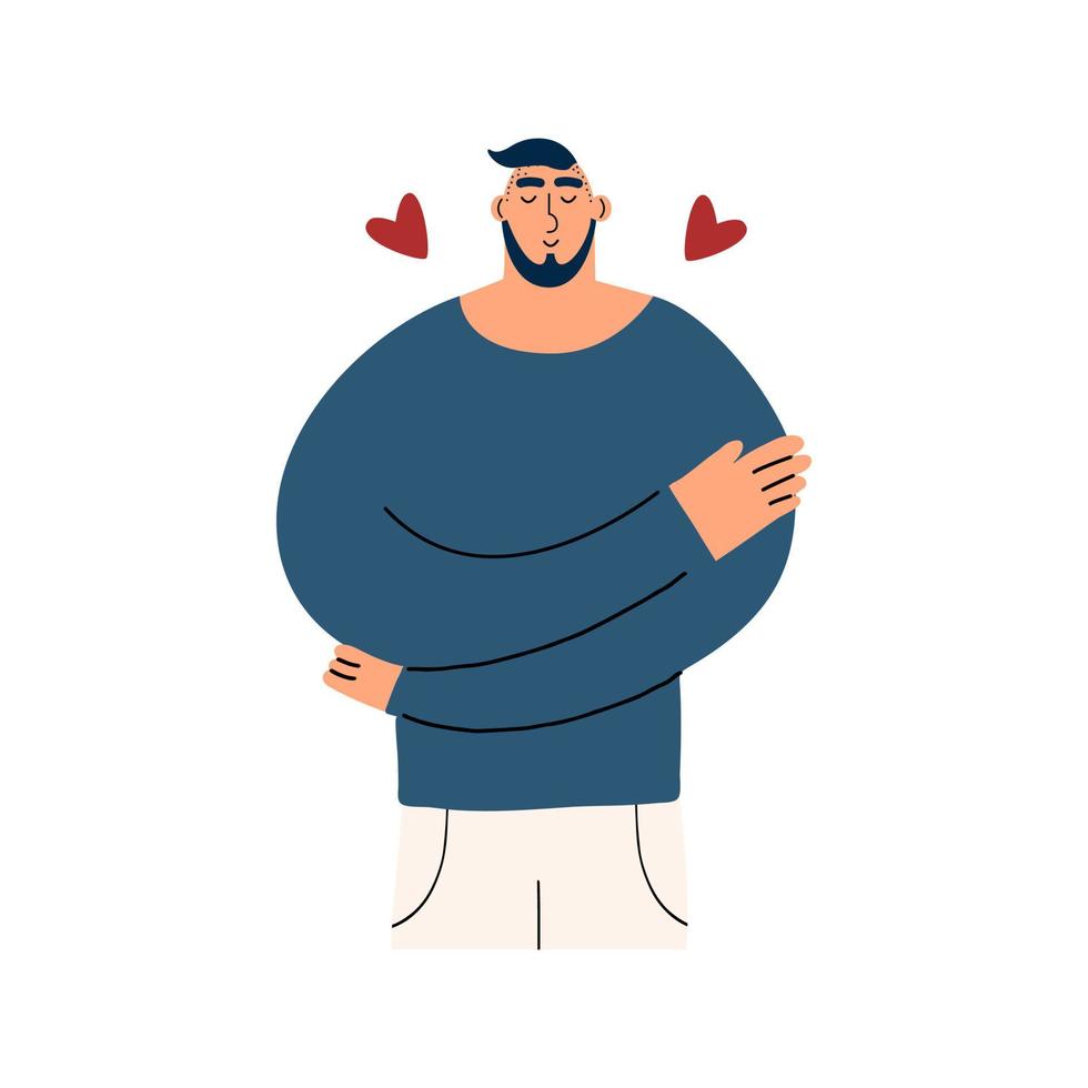 The young man hugs himself. Self-love concept. Vector illustration in flat style