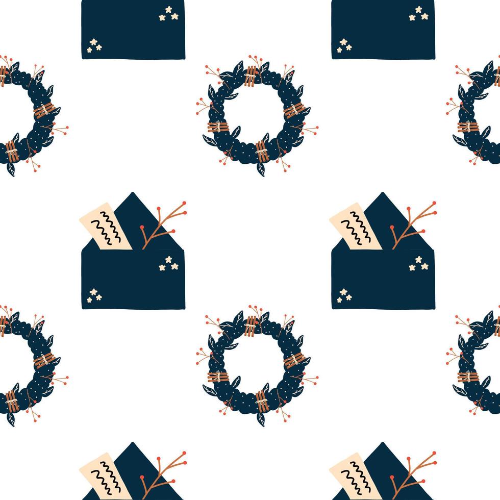 Christmas seamless pattern with wreath and envelope. Vector illustration in flat style
