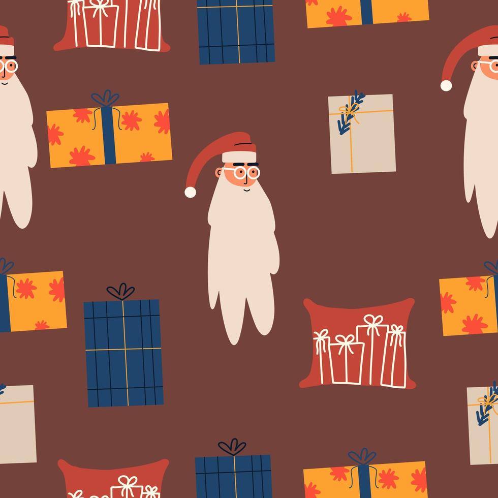 Seamless pattern with Santa, gifts. Christmas background. Vector illustration in flat style