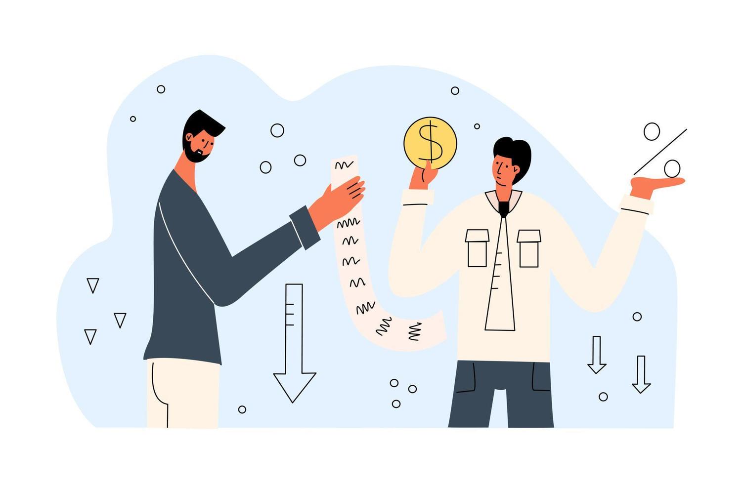 Low commission concept. Fee reduction. Vector illustration in flat style