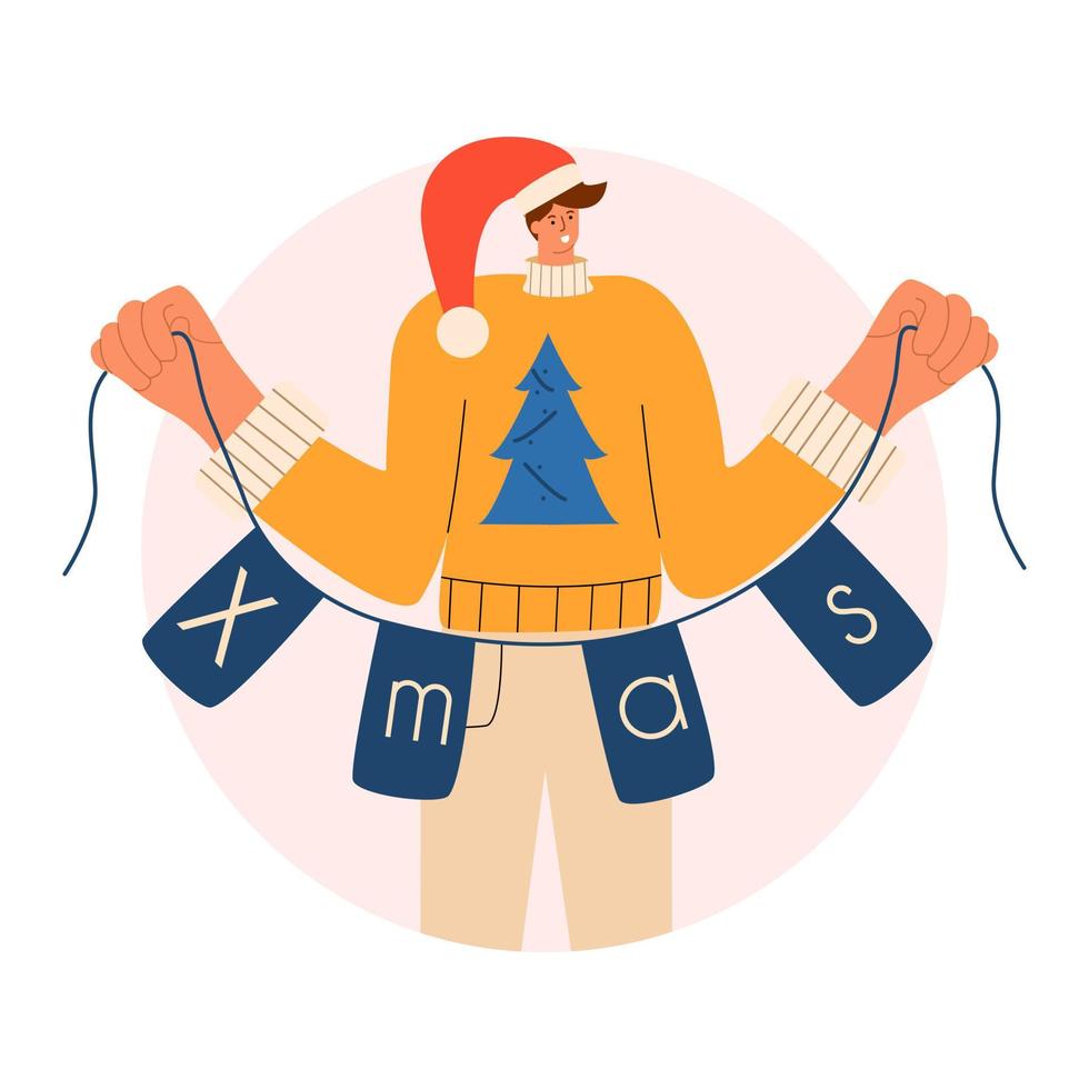 Male character with the inscription Xmas in his hands. Vector illustration in a flat style.