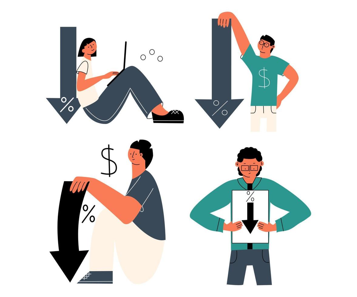 Low commission concept set. Reduction of interest rate. Vector illustration in flat style