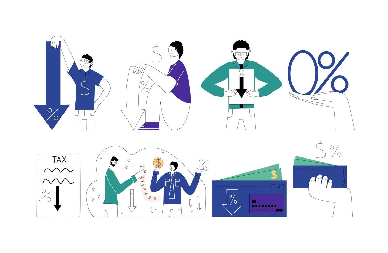 Low commission concept set. Reduction of interest rate. Vector illustration in flat style