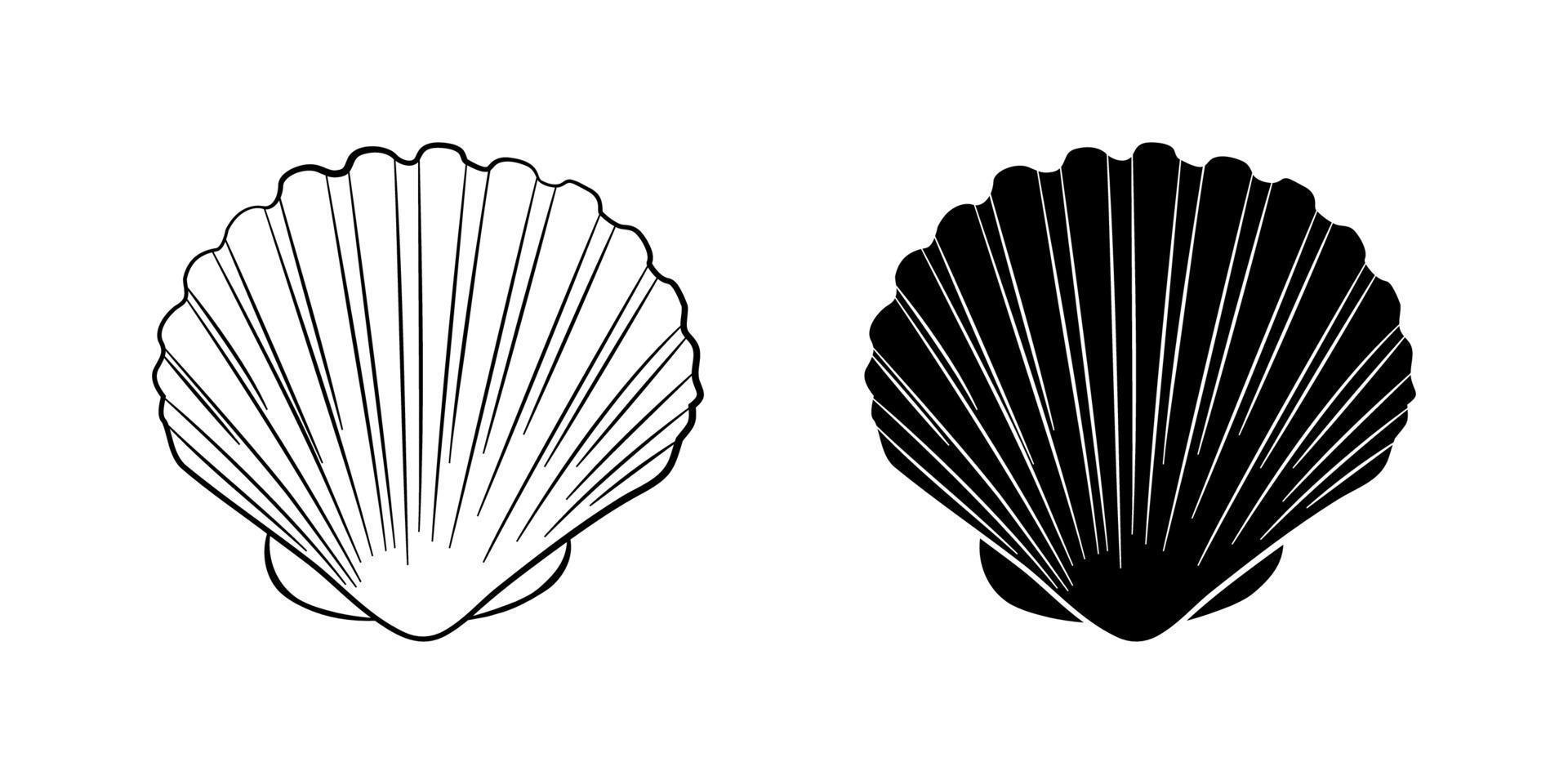 Sea shell, scallop vector illustration set. Seashell outline and silhouette icons