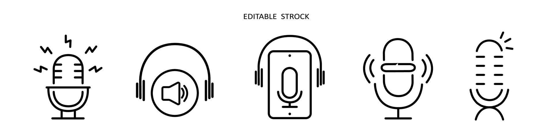 Audio podcast icon set. Microphone vector logo with headphone