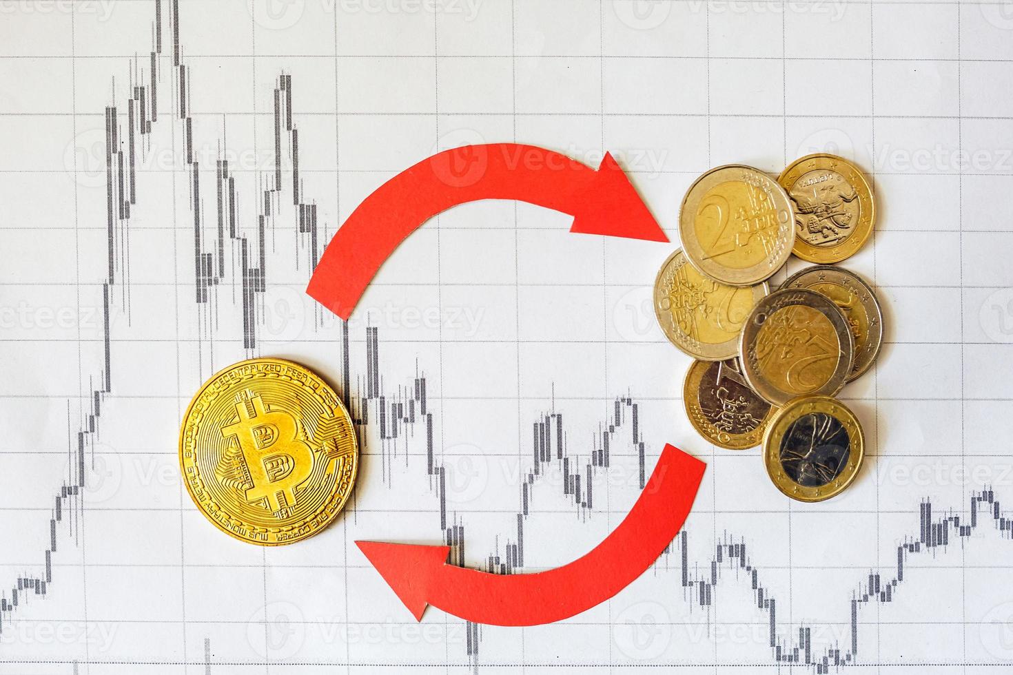 intercambio de dinero virtual bitcoin en un puñado de monedas de euro. flechas rojas y escalera de bitcoin dorada en el fondo del gráfico de forex de papel. concepto de intercambio de criptomonedas. foto