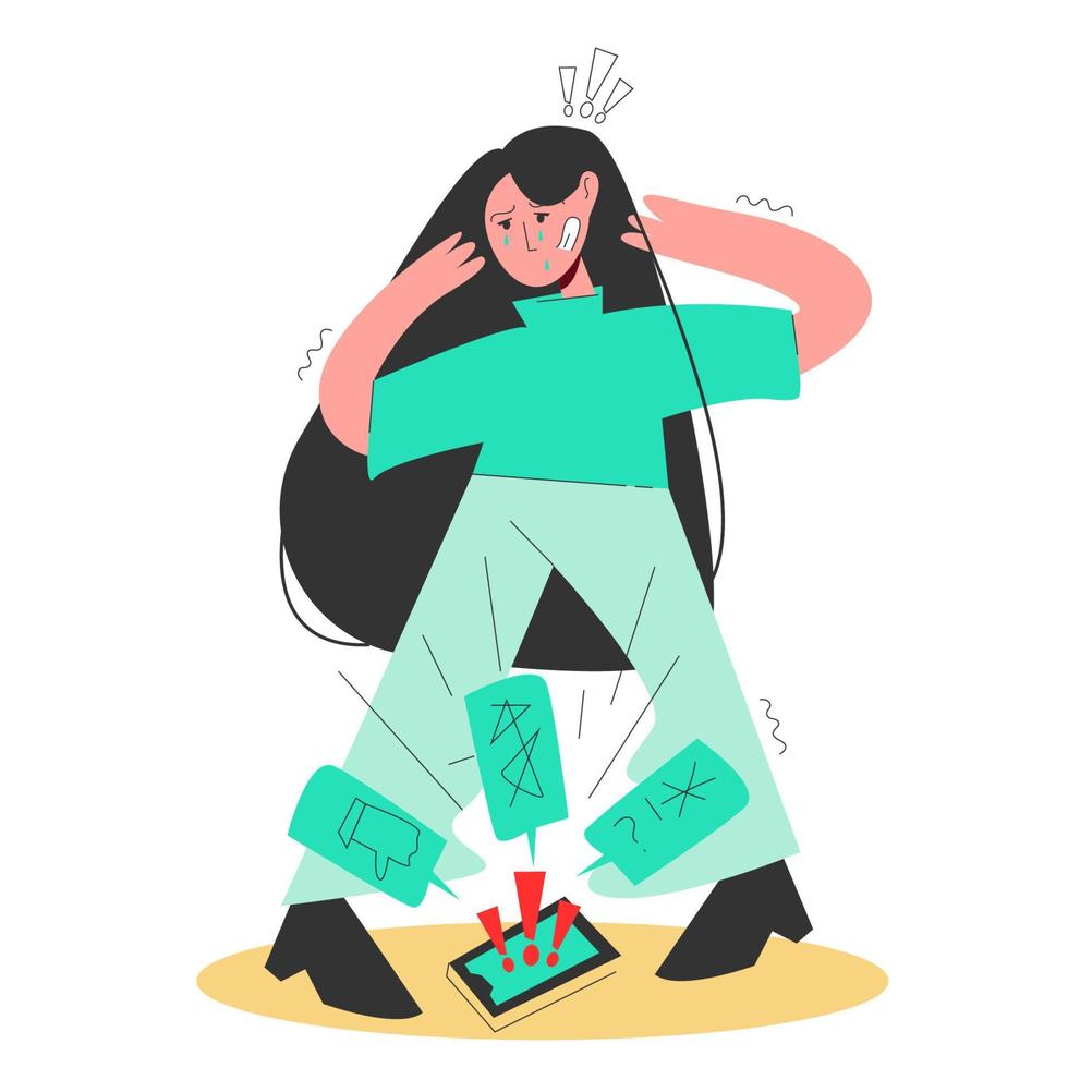 Hand drawn illustration of the concept of Internet bullying. Online insults from people. A girl is disturbed by bullying vector