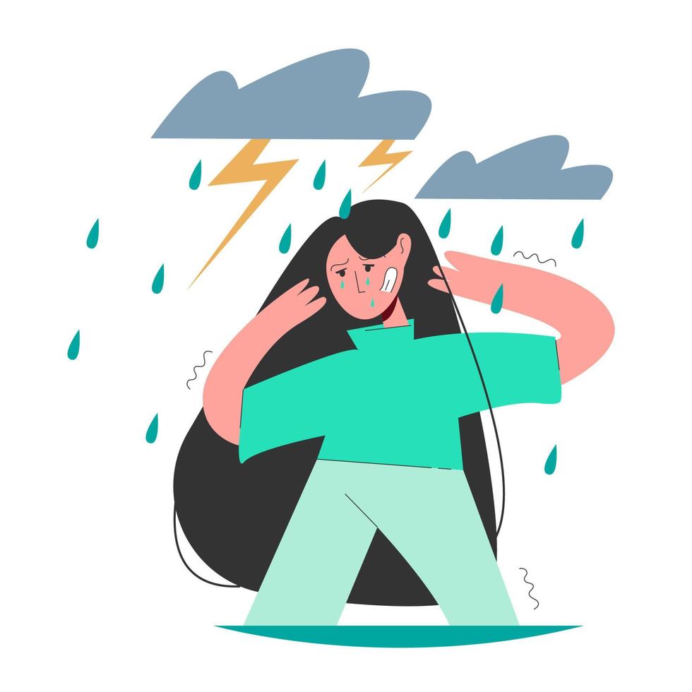 ilustración dibujada a mano del concepto de fatiga. sobre una chica deprimida, está lloviendo y tronando vector