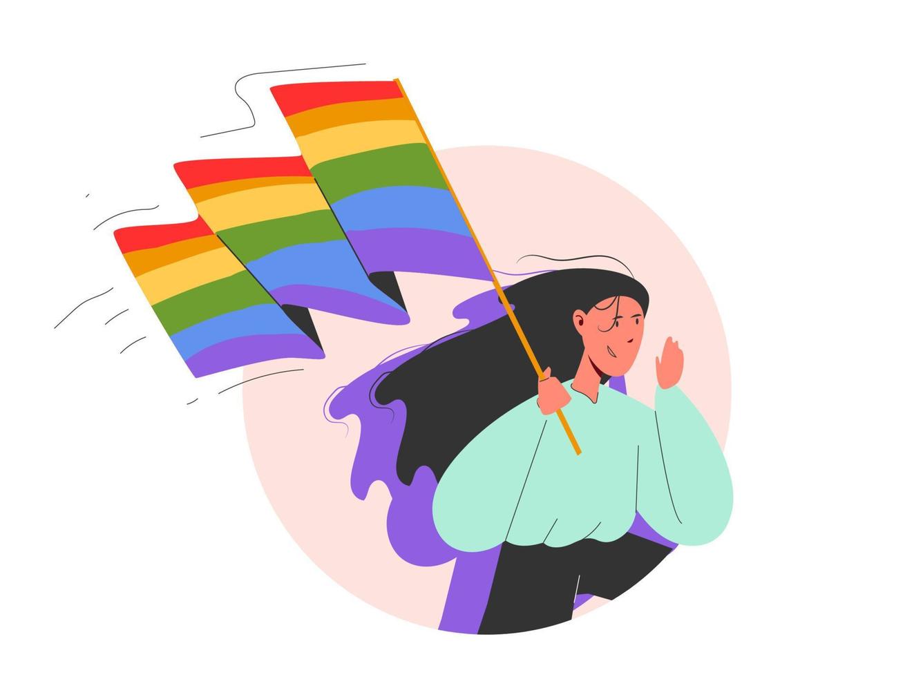 ilustración dibujada a mano de orgullo en la comunidad lgbt. niña sosteniendo una bandera lgbt y sonriendo vector