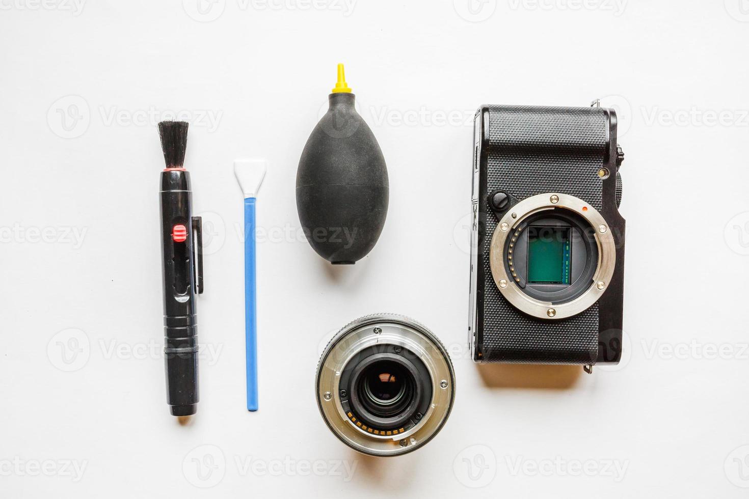 professional tools for digital APS-C dirty camera matrix sensor cleaning on white background photo