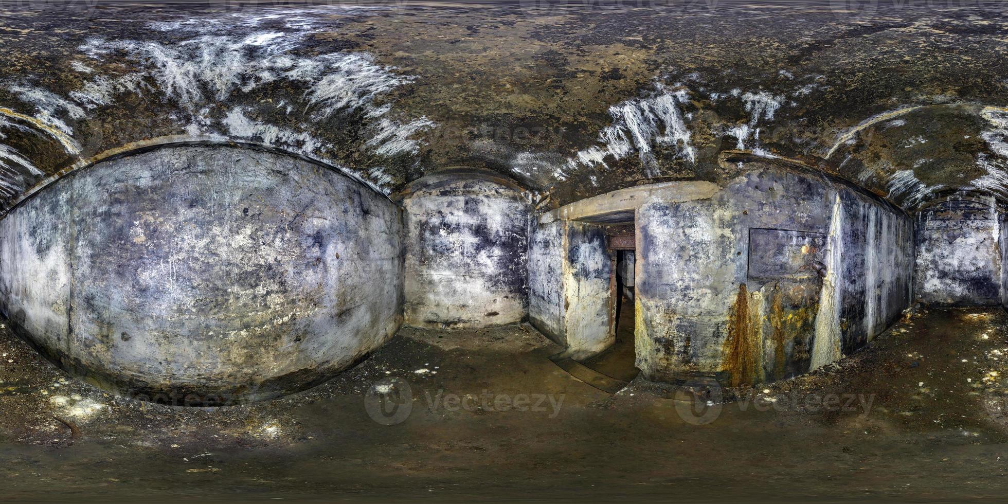 full seamless panorama 360 degrees angle view inside ruined abandoned military underground casemates fortress of the First World War in equirectangular spherical projection, skybox horror VR content photo