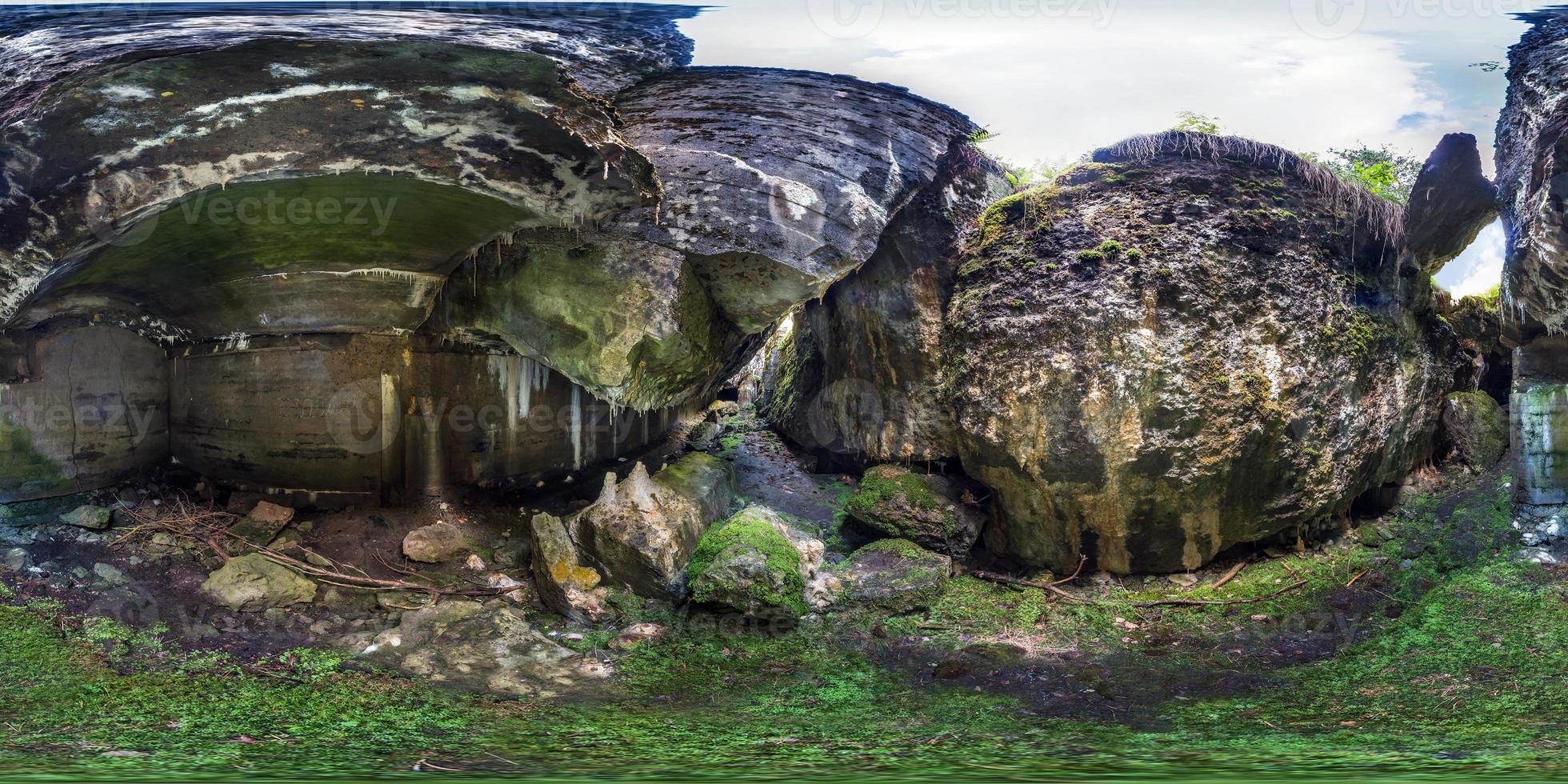 full seamless panorama 360 by 180 angle view inside ruined abandoned military fortress of the First World War in forest in equirectangular spherical projection, skybox VR content photo