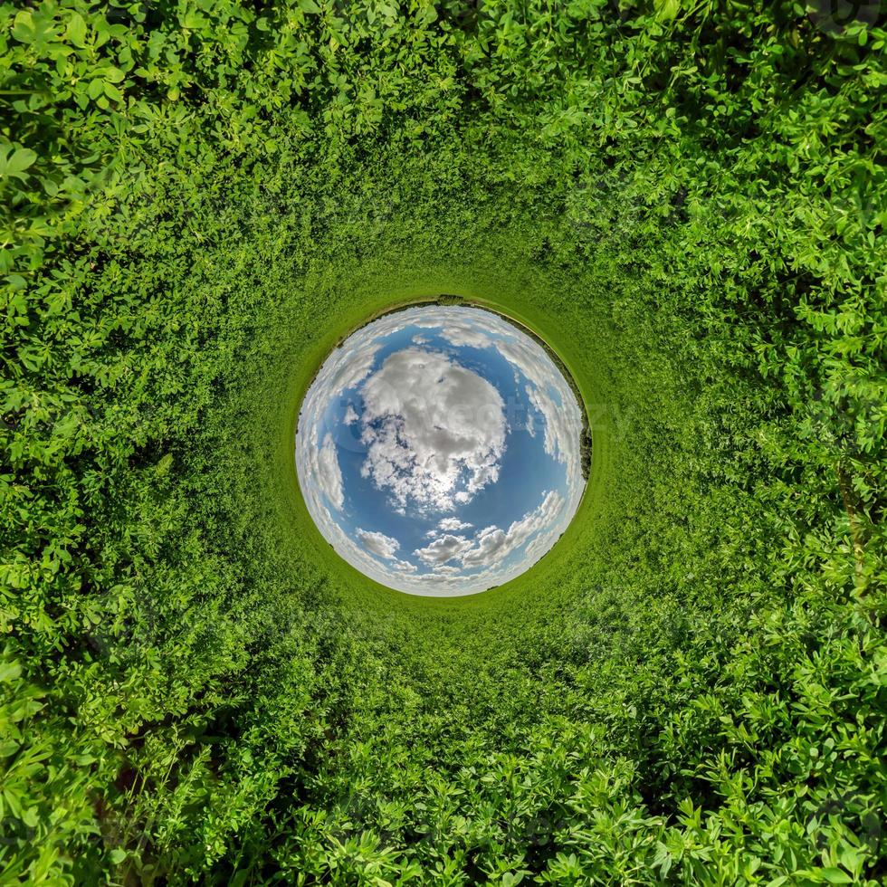 blue sphere little planet inside green grass round frame background. photo