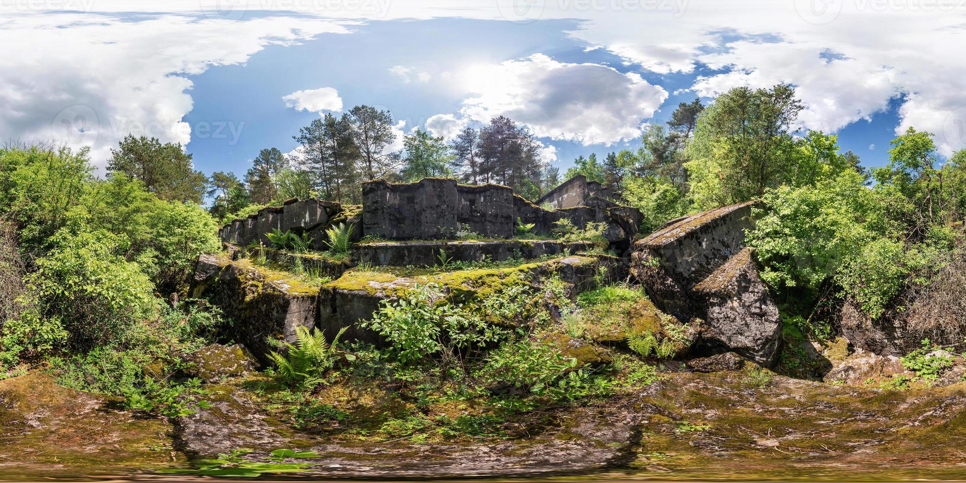 full seamless panorama 360 by 180 angle view ruined abandoned military fortress of the First World War in forest in equirectangular spherical projection, skybox VR content photo