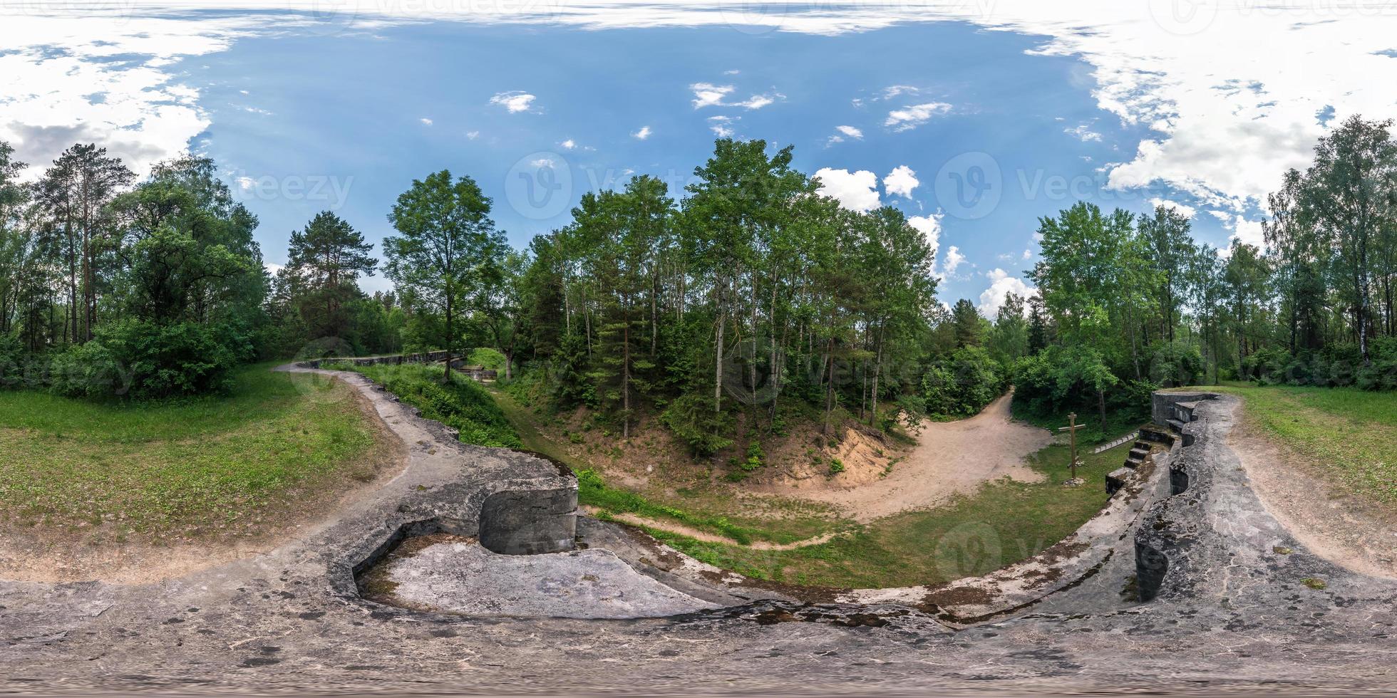 Full seamless 360 degrees angle  view panorama on the ruined abandoned military fortress of the First World War in the forest in equirectangular spherical projection. Ready for VR AR content photo