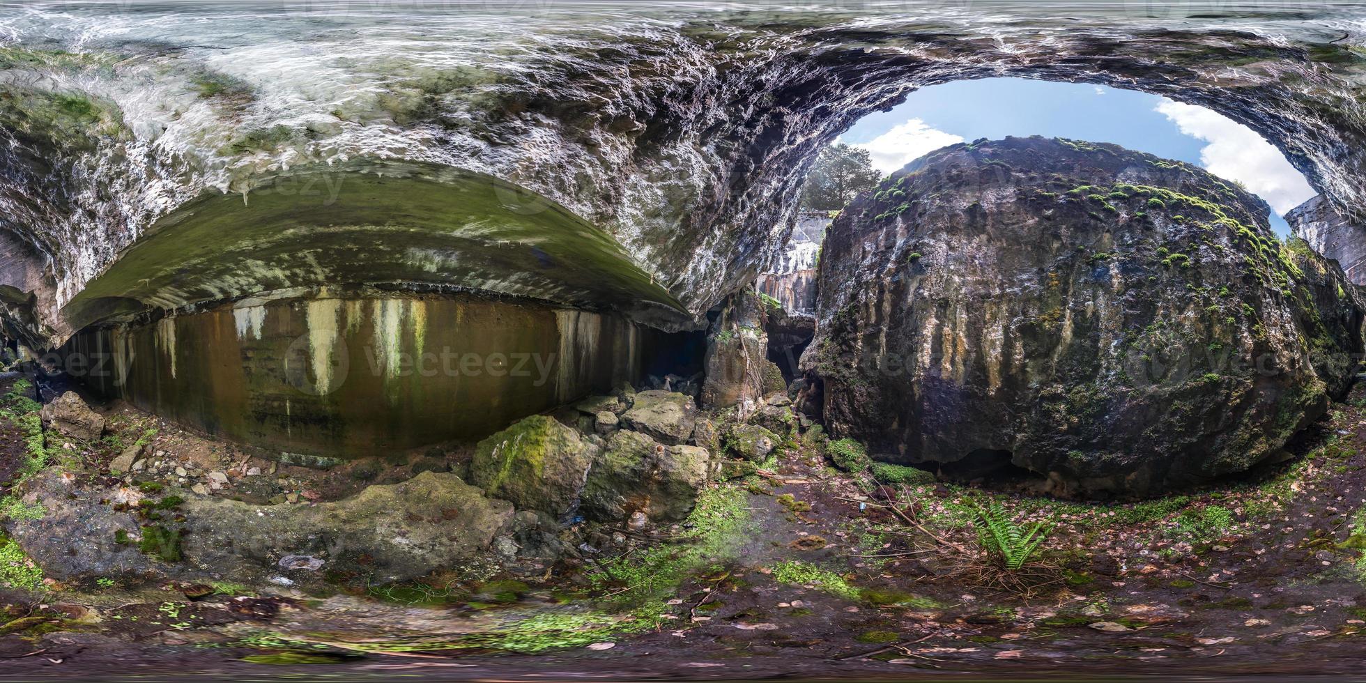 Full seamless 360 degrees angle view panorama inside of ruined abandoned military fortress of the First World War in equirectangular spherical projection. Ready for VR AR content photo