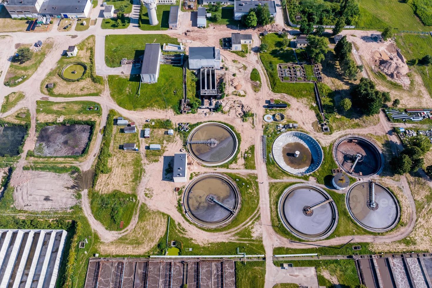aerial view modern wastewater sewage treatment plant of the city photo