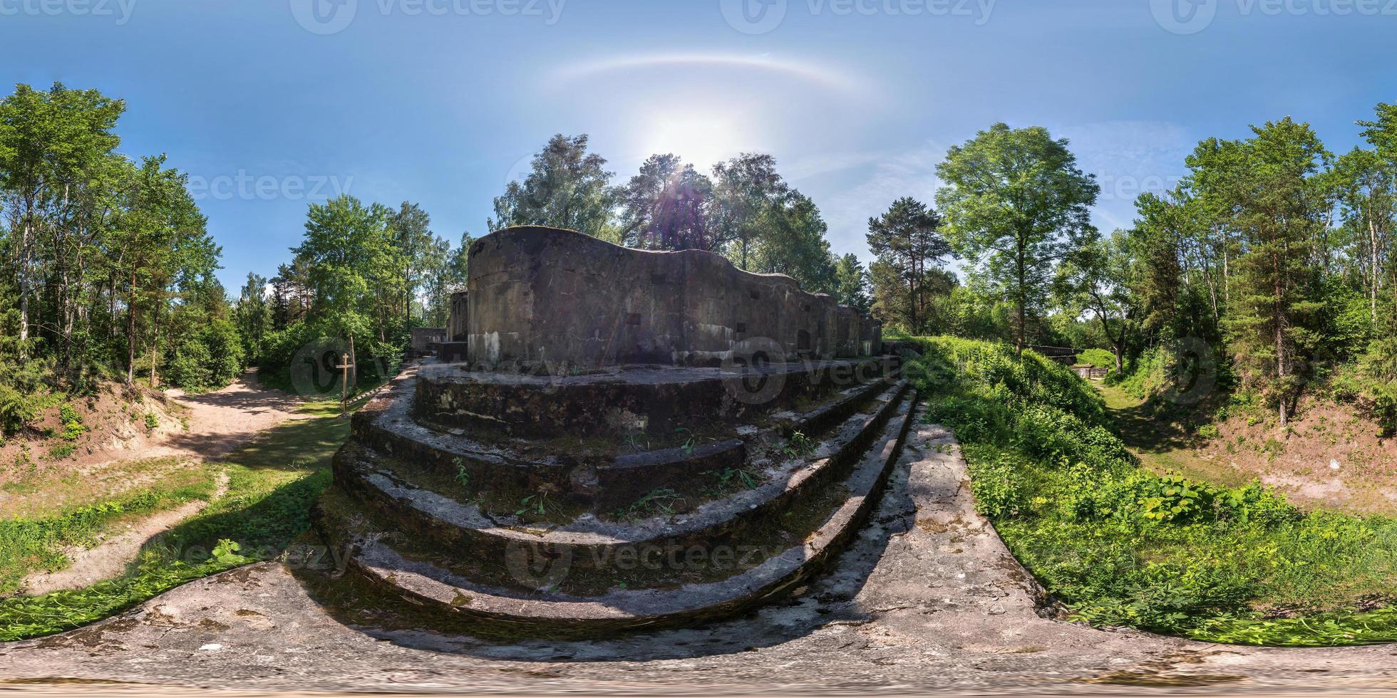 full seamless panorama 360 by 180 degrees angle view ruined abandoned military fortress of the First World War in forest in equirectangular spherical equidistant projection photo
