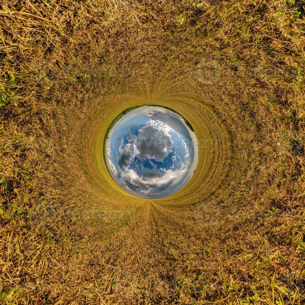 blue sphere little planet inside yellow grass round frame background. photo