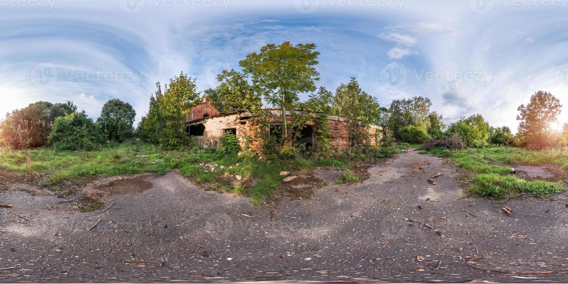 full seamless spherical panorama 360 degrees angle view near stone abandoned ruined farm building in equirectangular projection, VR AR virtual reality content photo