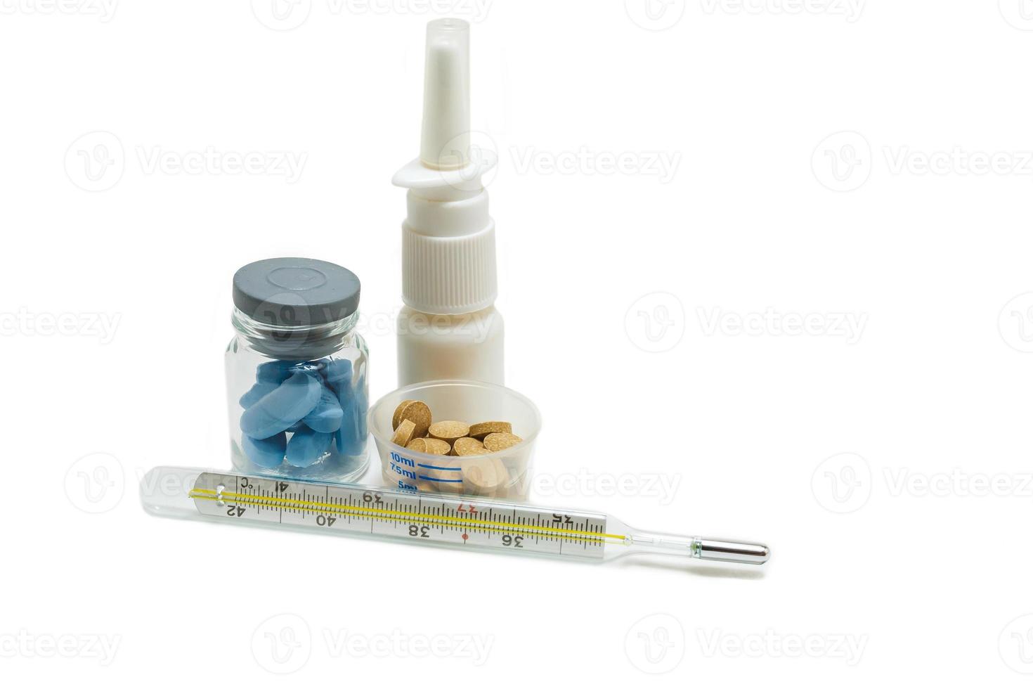 pill packaging and medical supplies nasal spray mercury termometer on
