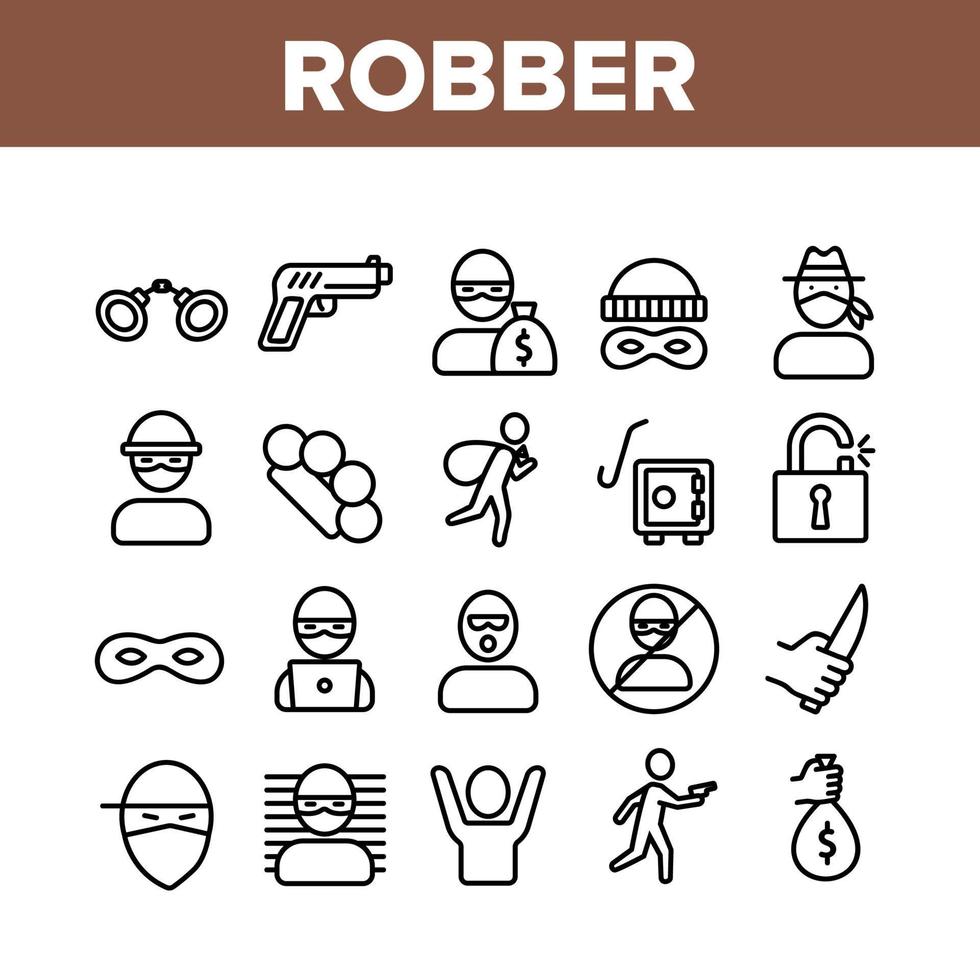 Robber Crime Collection Elements Icons Set Vector