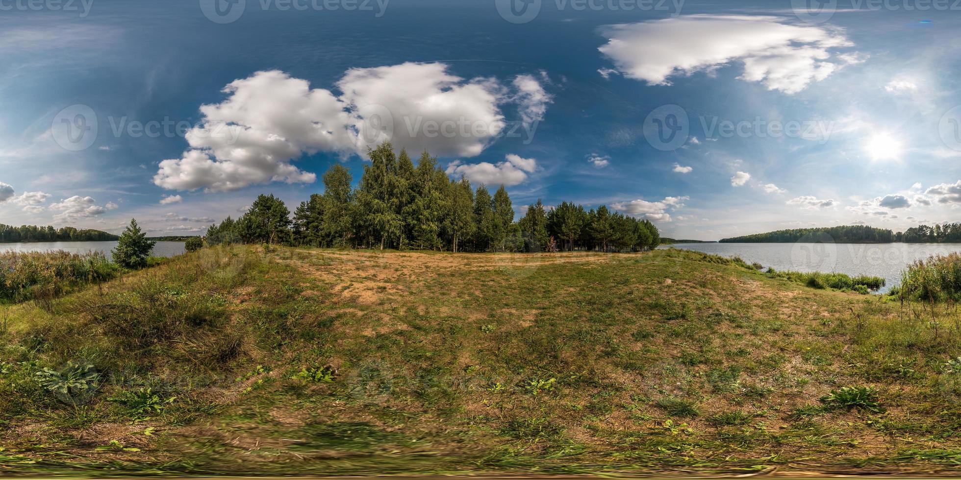 full seamless spherical panorama 360 by 180 angle view on the shore of width river neman in sunny summer day in equirectangular projection, skybox VR virtual reality content photo
