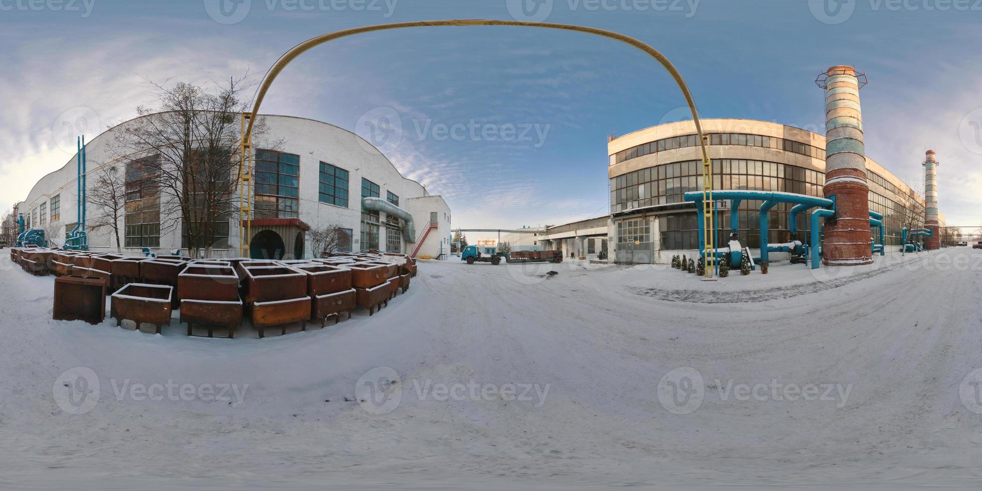 full seamless spherical panorama 360 angle degrees view in backyard of metallurgical machine building engineering plant with factory pipes in equirectangular projection, VR content photo