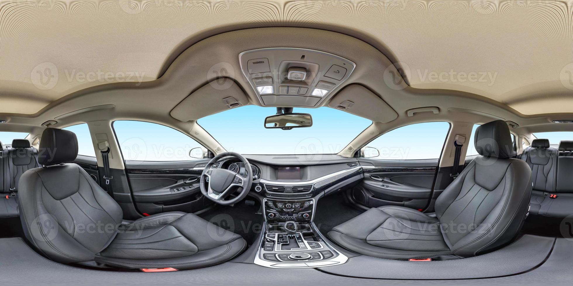 360 angle panorama view in interior of prestige modern car blue background. Full 360 by 180 degrees seamless equirectangular equidistant spherical panorama. Background for vr ar content photo