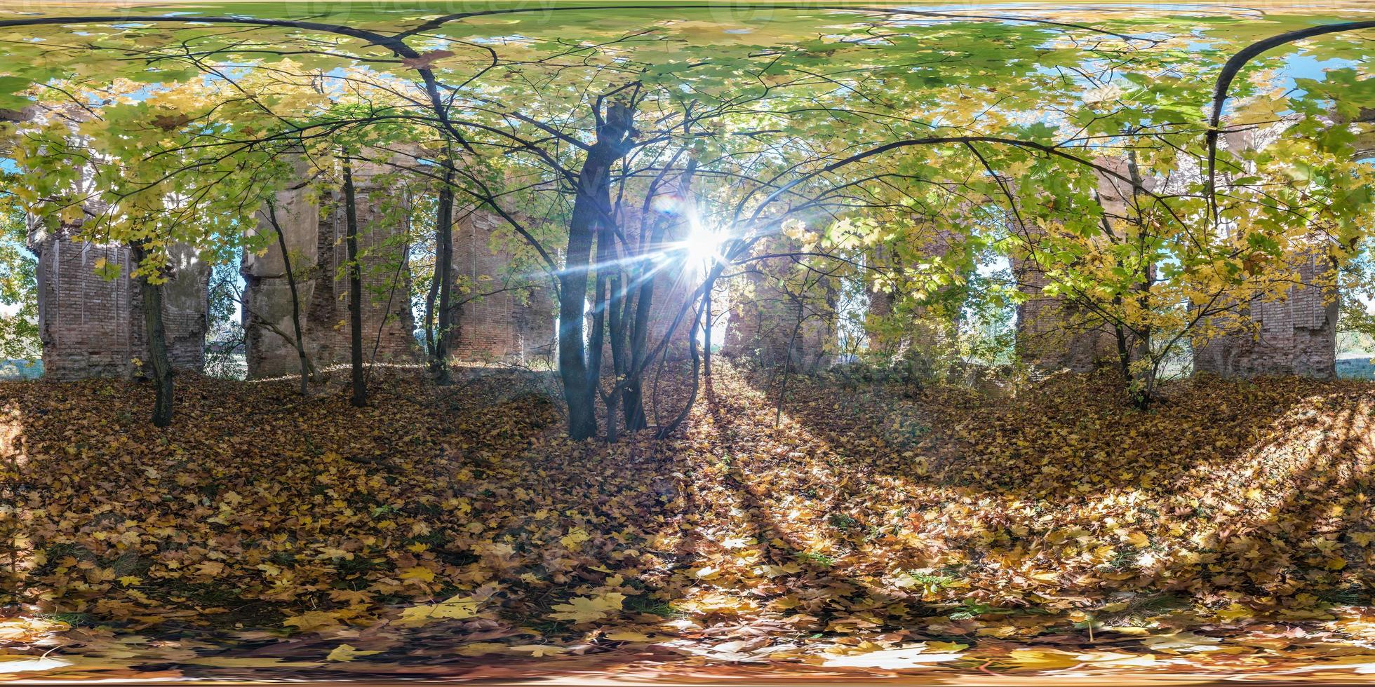 Full seamless spherical cube 360 by 180 degrees angle view panorama inside ancient abandoned destroyed stone tomb in autumn forest in equirectangular projection. Ready for VR AR content photo