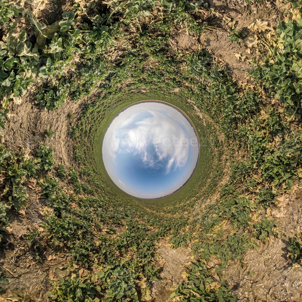 Inversion of little planet transformation of spherical panorama 360 degrees. Spherical abstract aerial view in field with awesome beautiful clouds. Curvature of space. photo