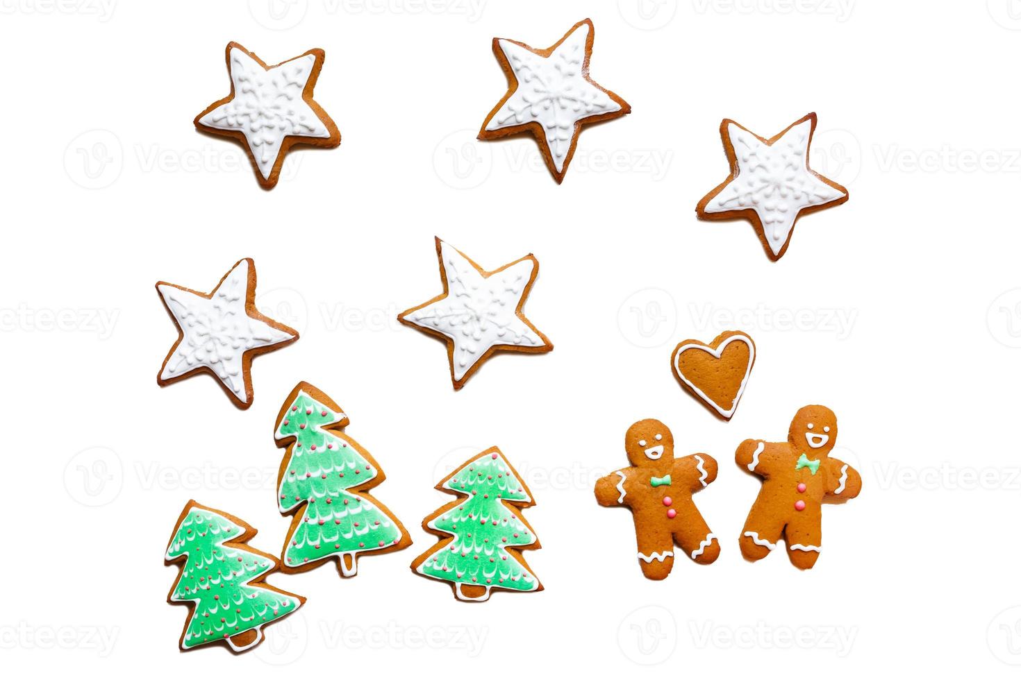 Handmade festive gingerbread cookies in the form of stars and Christmas trees and hearts for Valentine's Day photo