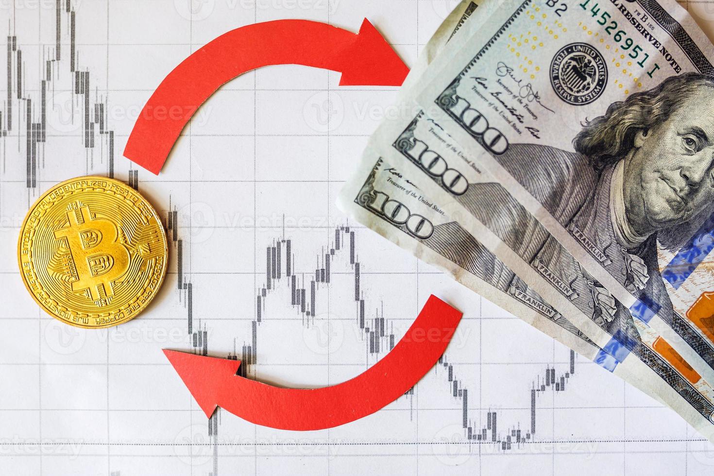 Exchange of virtual money bitcoin on dollars. Red arrows and golden Bitcoin ladder on paper forex chart background. Concept of exchange of cryptocurrency. photo