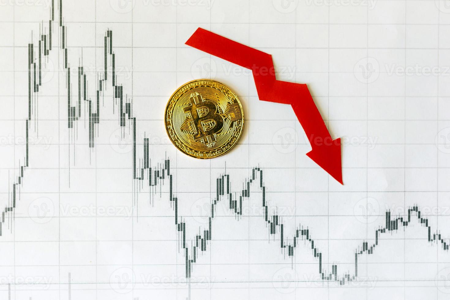 Depreciation of virtual money bitcoin. Red arrow and golden Bitcoin on paper forex chart index rating go down on exchange market background. Concept of depreciation of cryptocurrency. photo
