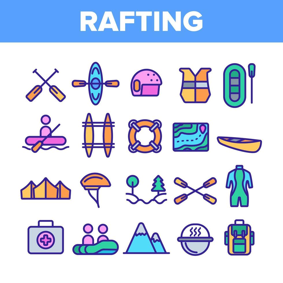 viaje de rafting, conjunto de iconos de vector lineal deportivo