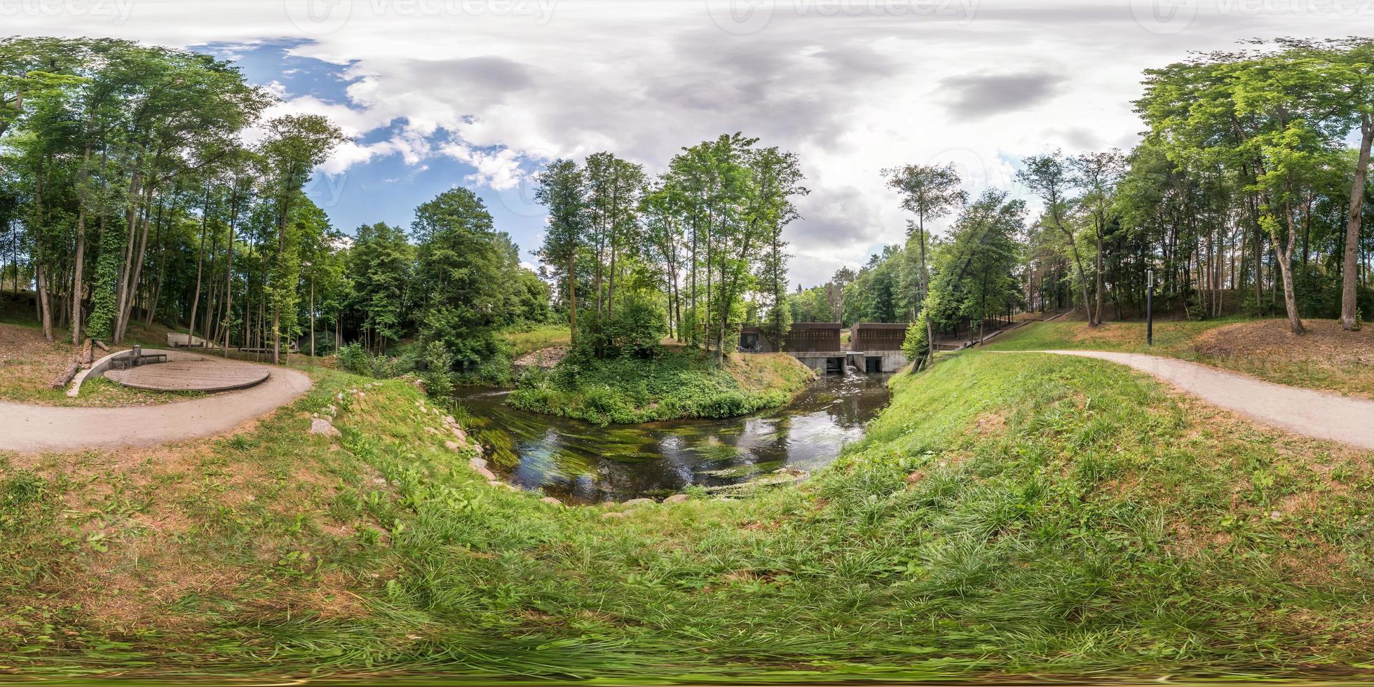full seamless spherical panorama 360 by 180 angle view on the shore of small river in sunny summer day in equirectangular projection, skybox VR virtual reality content photo