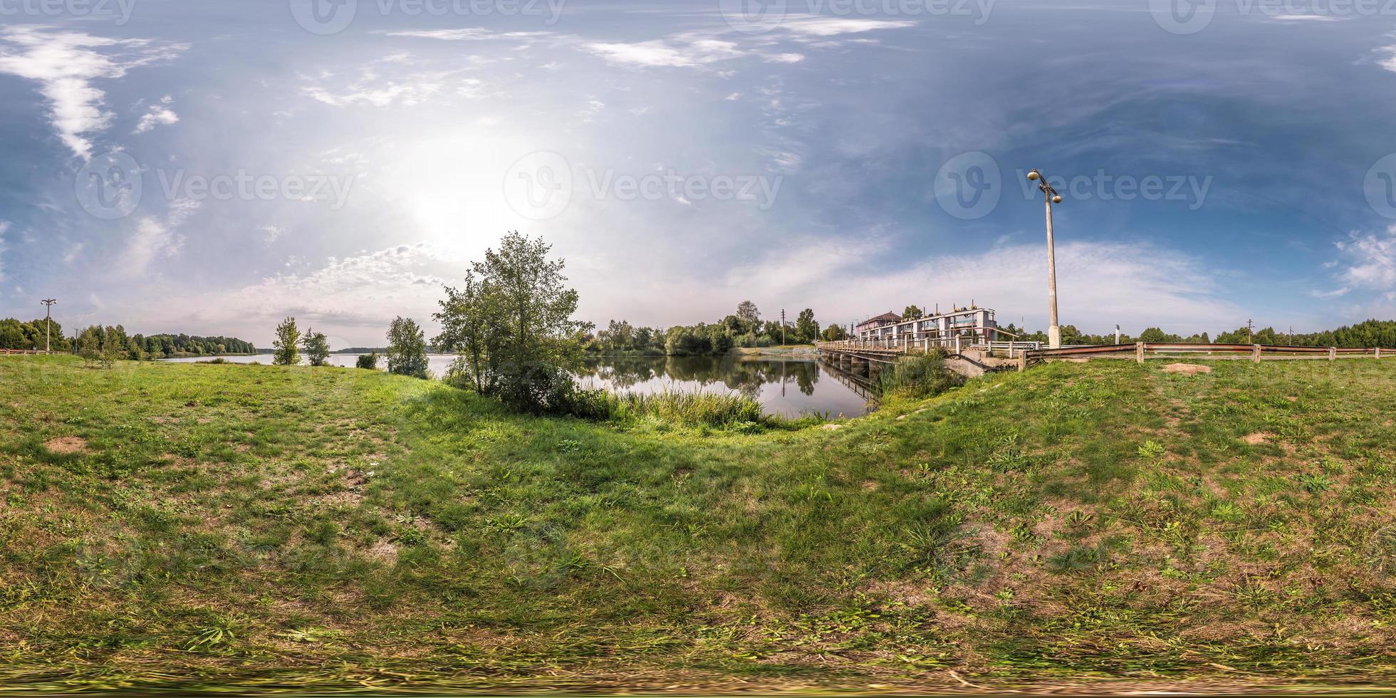 full seamless spherical panorama 360 degrees angle view near dam of hydroelectric power station in equirectangular equidistant projection, VR AR virtual reality content photo