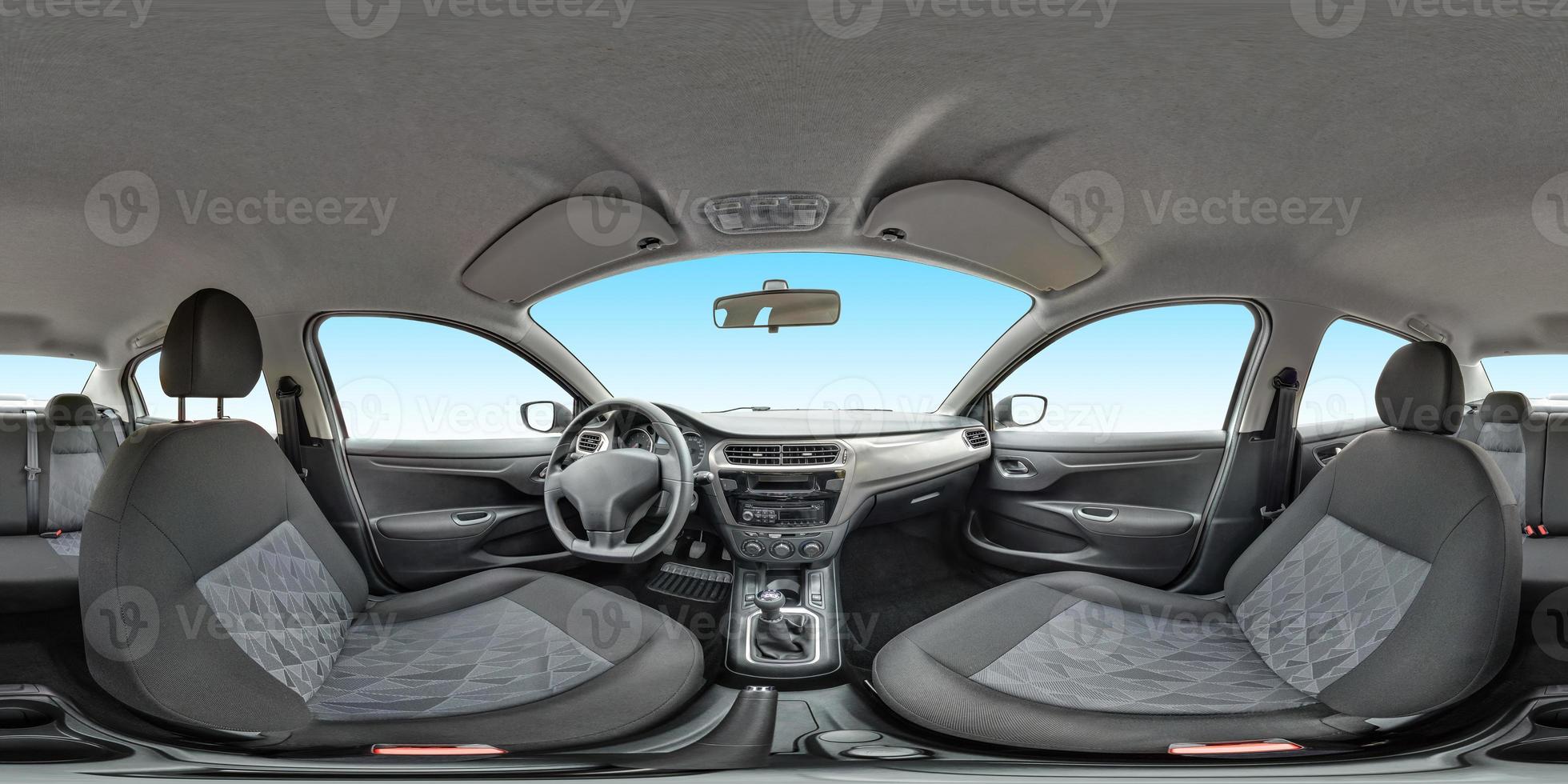 isolated full seamless panorama 360 degrees angle view in interior leather salon of prestige modern car in equirectangular equidistant spherical panorama. skybox for vr ar content photo