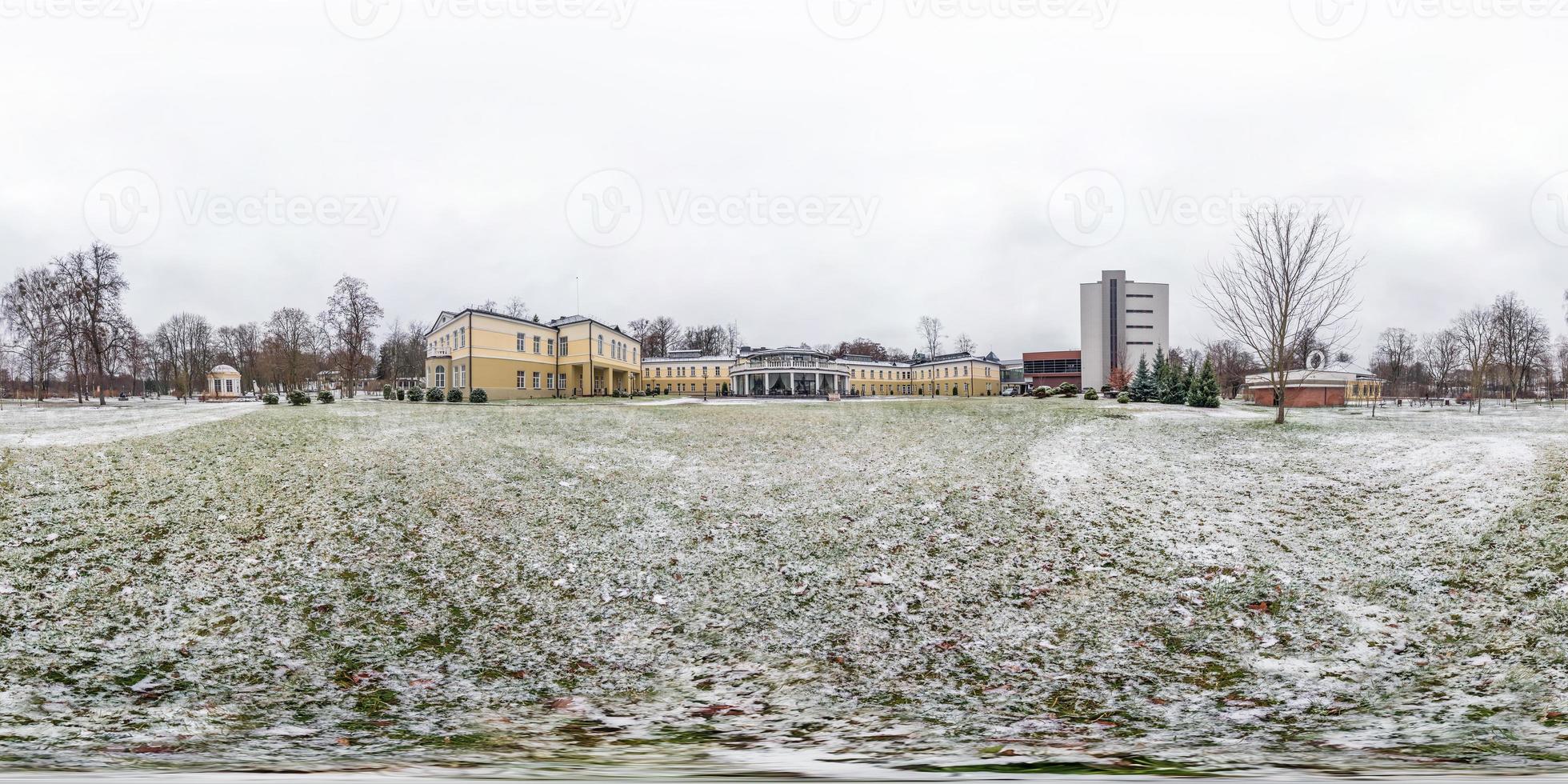 winter fairy tale full seamless spherical panorama 360 degrees angle view provincial town in cloudy day in equirectangular projection, ready VR AR virtual reality content photo
