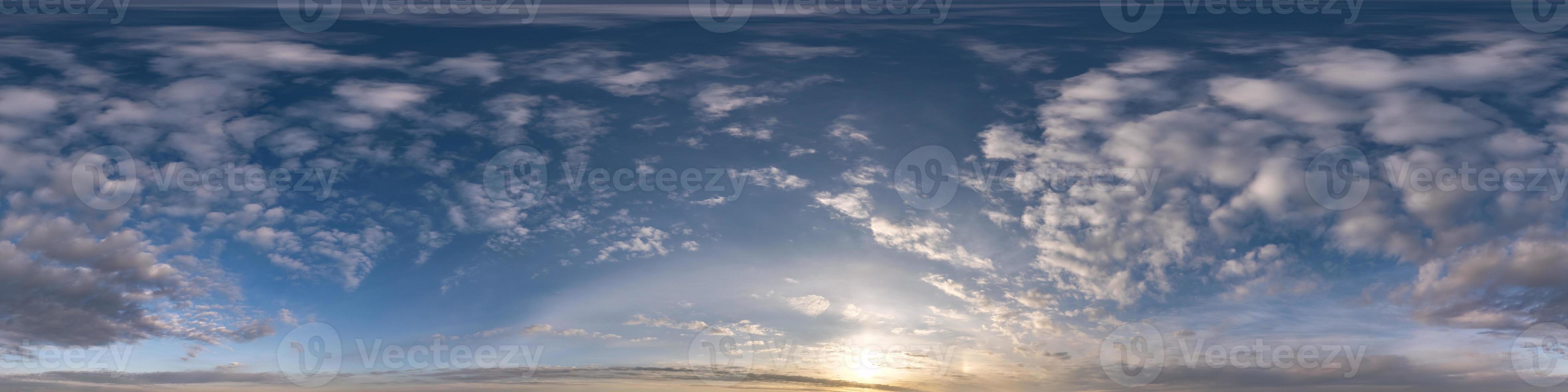 evening dark blue sky hdr 360 panorama with white beautiful clouds in seamless projection with zenith for use in 3d graphics or game development as sky dome or edit drone shot for sky replacement photo