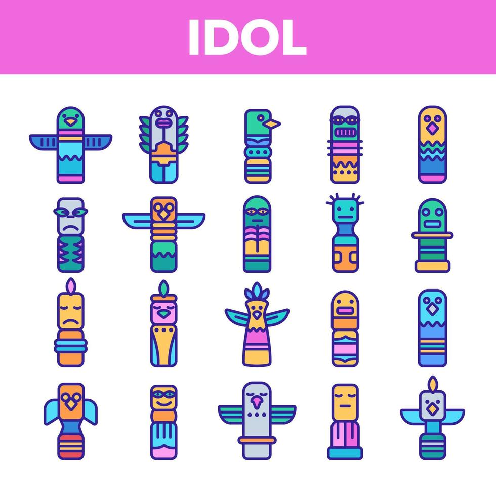 Tribal Ancient Idols Vector Linear Icons Set