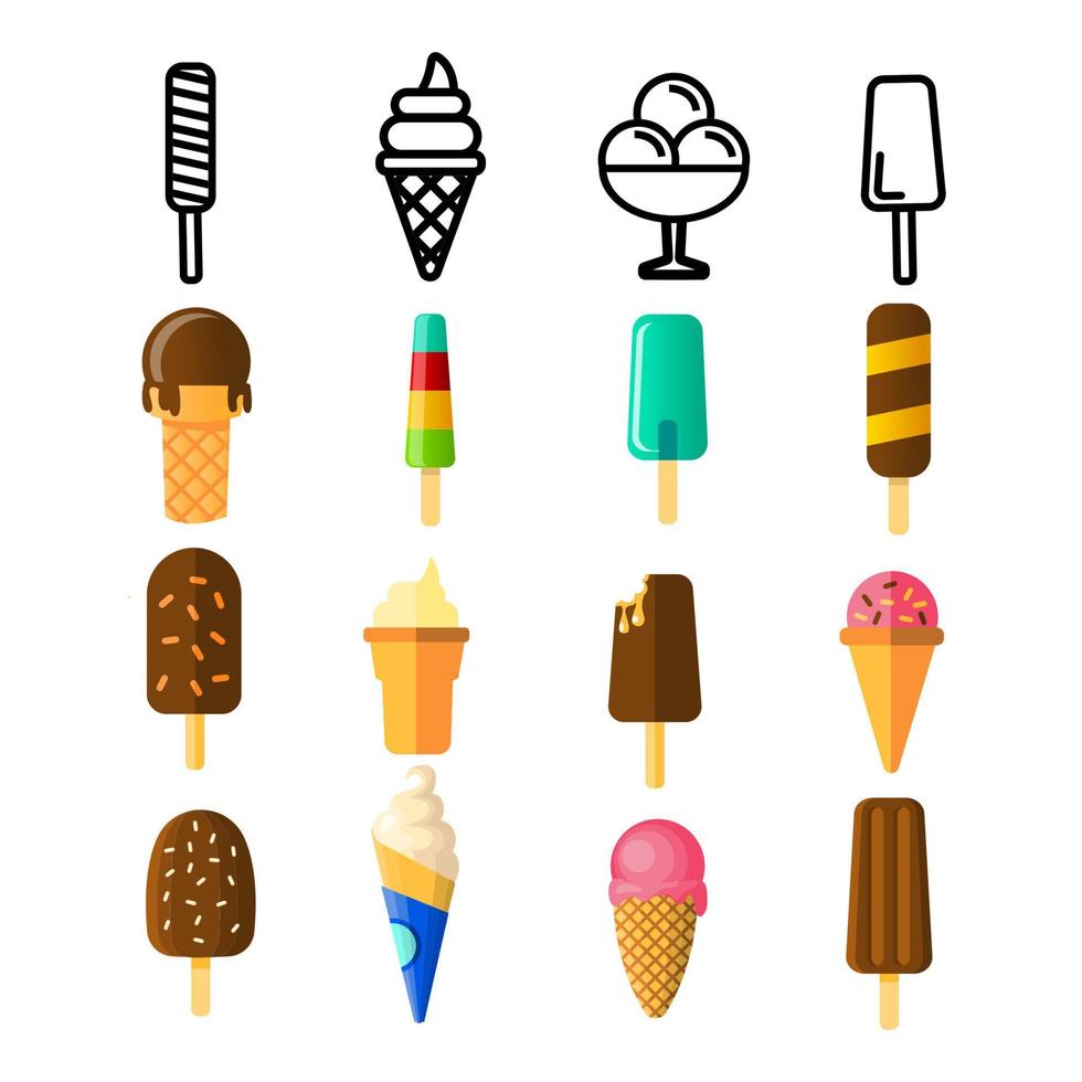 vector de conjunto de iconos de helado. cono de crema comida de chocolate con vainilla. sabroso postre congelado frío. producto delicioso línea, ilustración plana