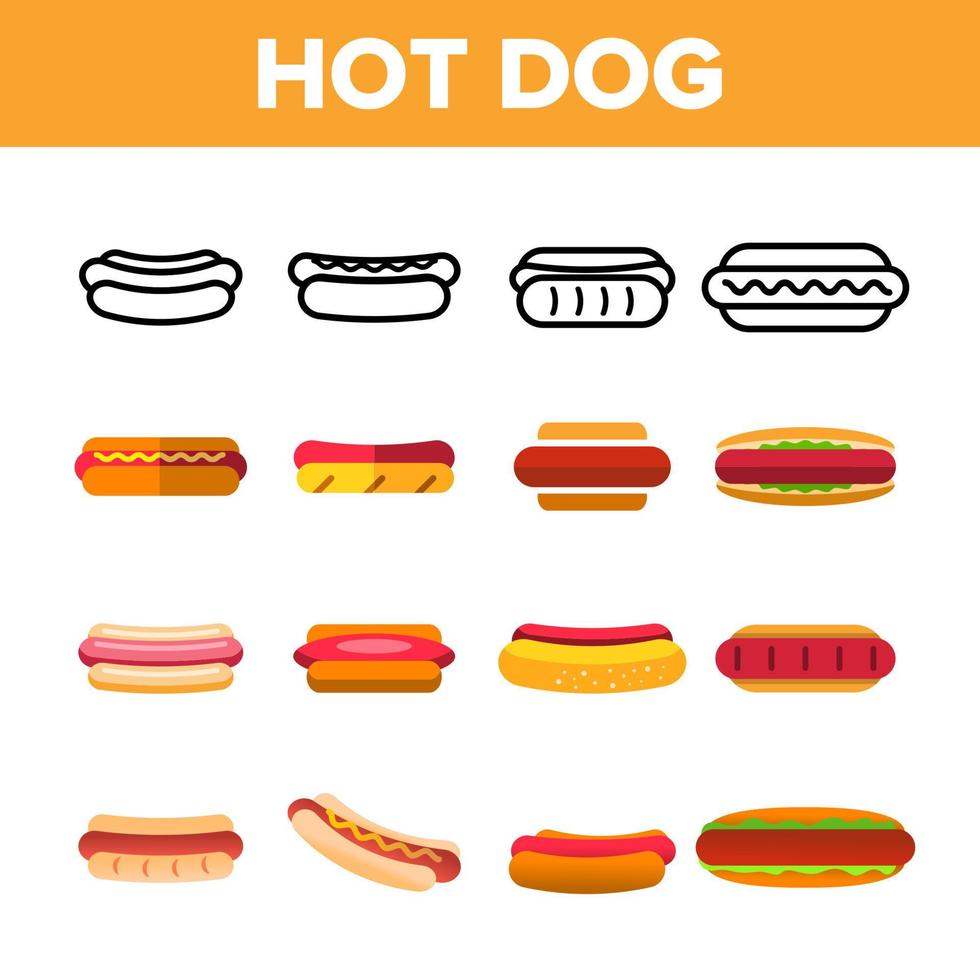 perrito caliente, conjunto de iconos de color de vector de hamburguesa