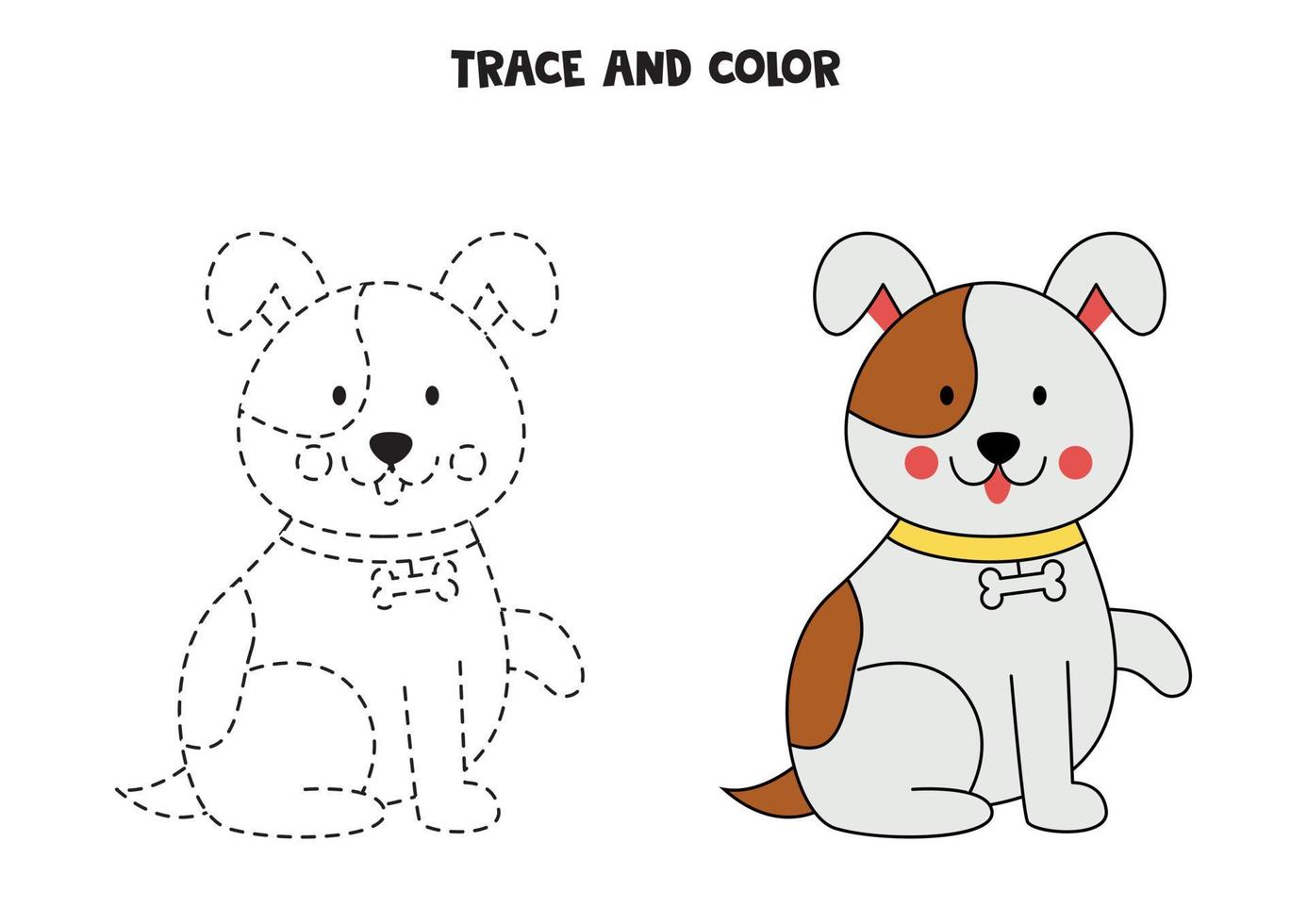 Trace and color cute brown dog. Worksheet for children. vector