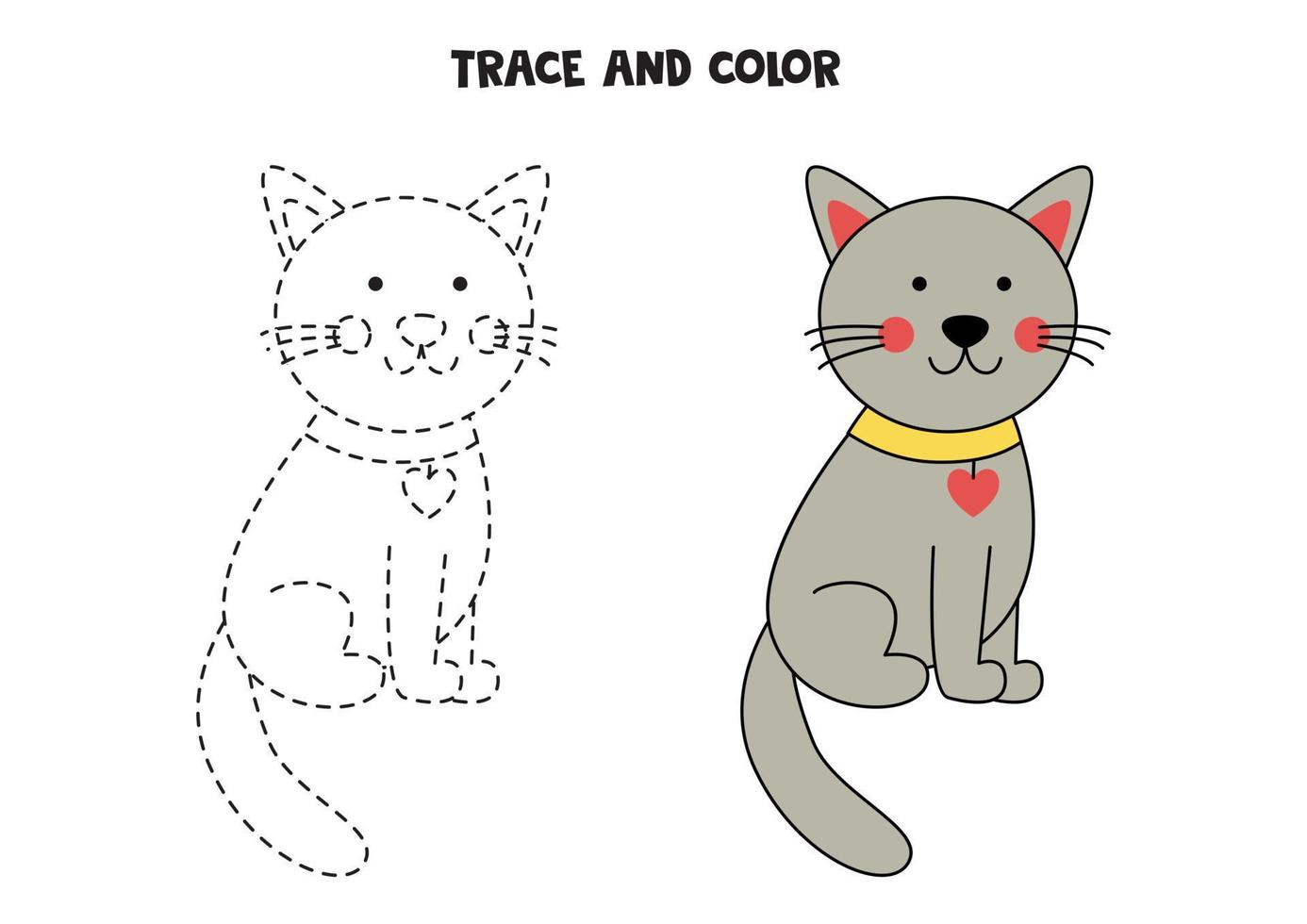 Traza y colorea un lindo gato gris. hoja de trabajo para niños. vector