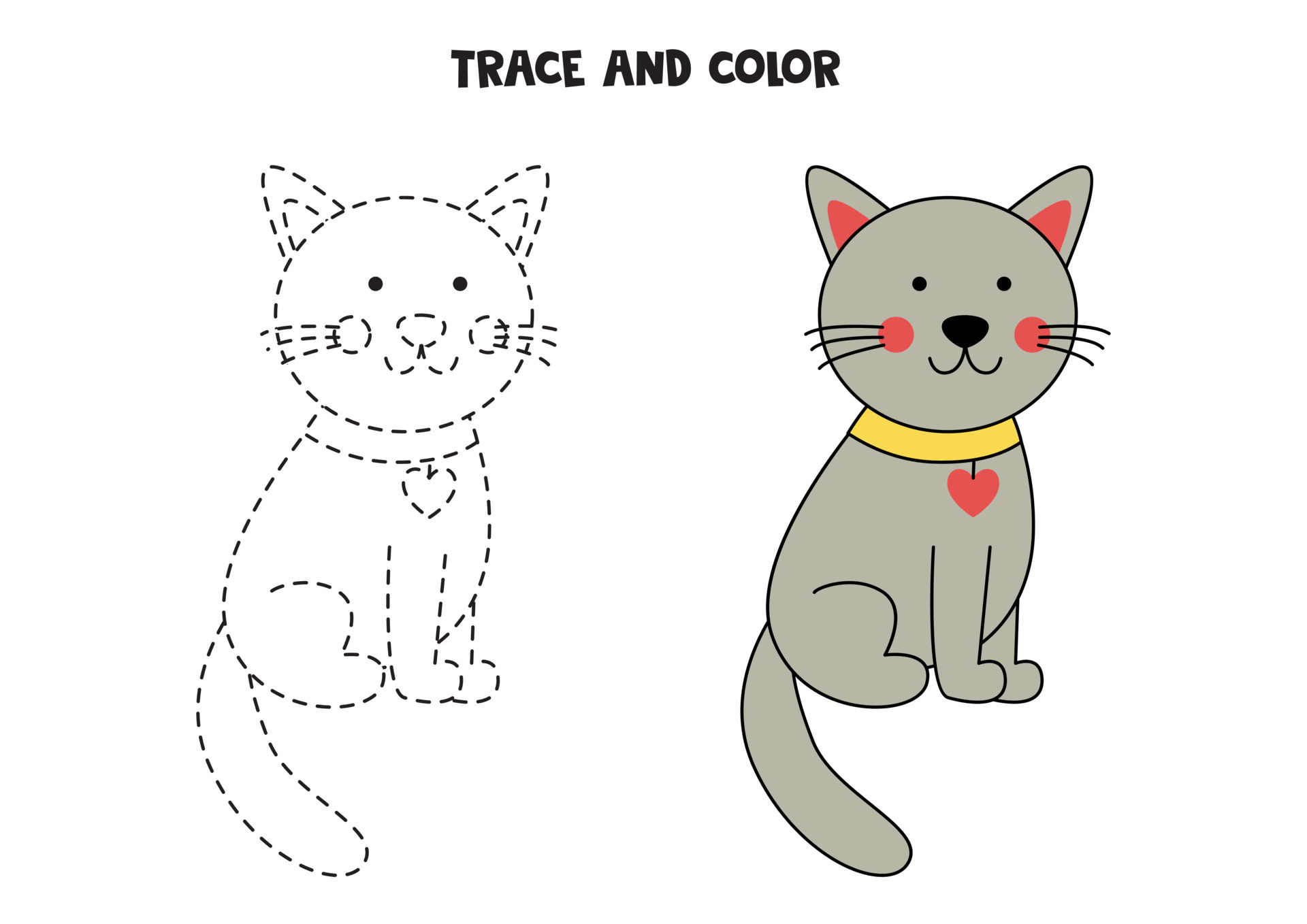 trace-and-color-cute-gray-cat-worksheet-for-children-9928776-vector