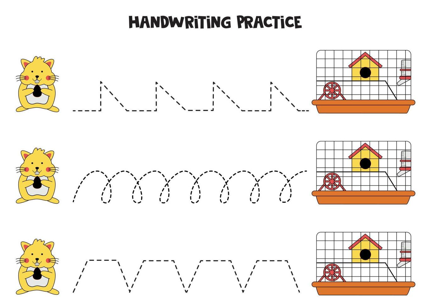 trazando líneas para niños. lindo hámster y jaula. Practica de la escritura. vector